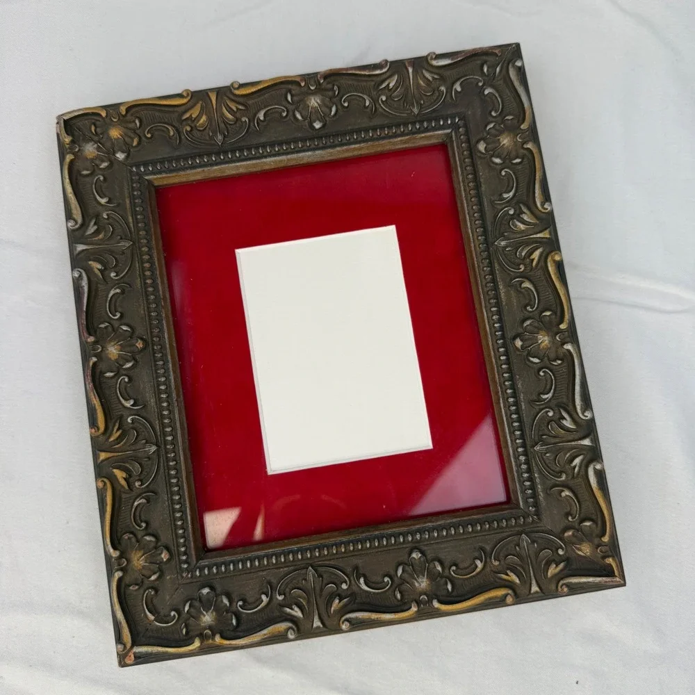 Vintage Ornate Baroque Bronze Gold Picture Frame Red Velvet Mat 8x9.25